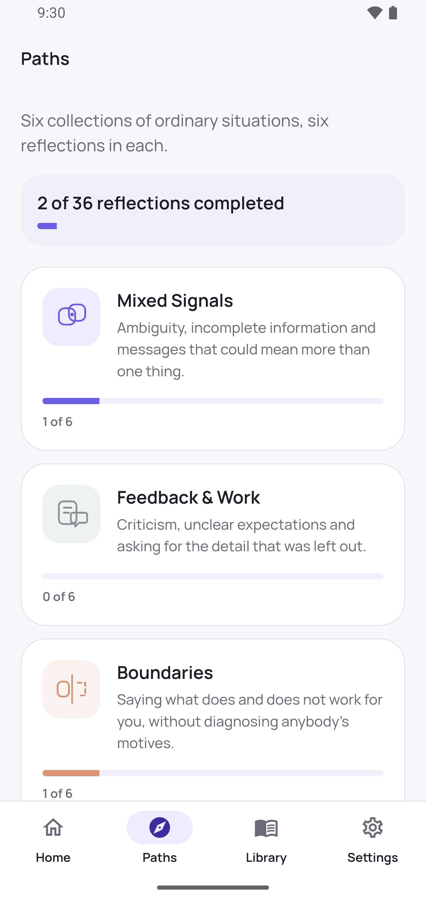 The Paths screen, listing the six collections with progress against each.